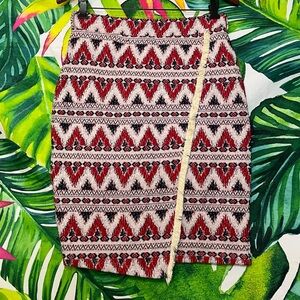 H&M S Red Cream Aztec Boho Pencil Pull on Faux Wrap Knee Length Casual Skirt